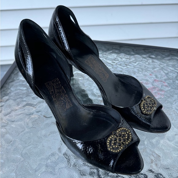 Salvatore Ferragamo Black Leather Bow Peep‎ Toe Sling Back Heels Shoes  7.5 B G - Picture 1 of 6
